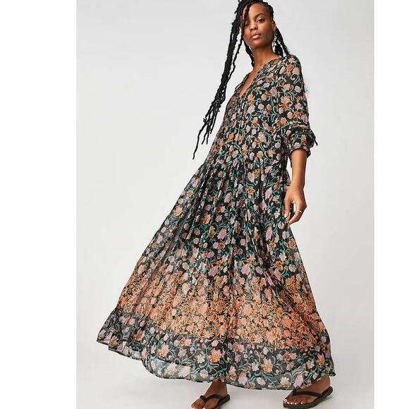 New Free People See It Through Maxi Dress $168 X-SMALL Black Floral Boho - Picture 1 of 5